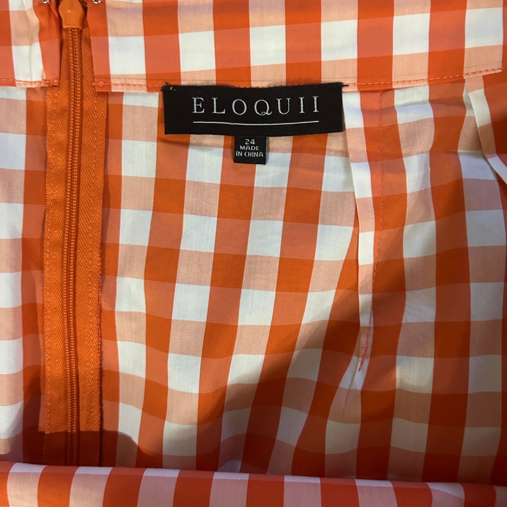 ELOQUII Plus Size 24 Orange White Gingham Asymmetrical Ruffle Midi Skirt - Picture 3 of 3